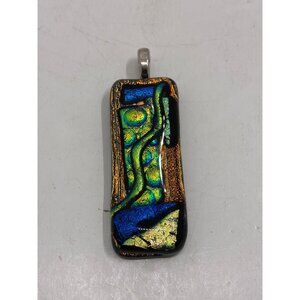 Handcrafted Dichroic Glass Pendant With Abstract Multicolor Design & Silver-Tone